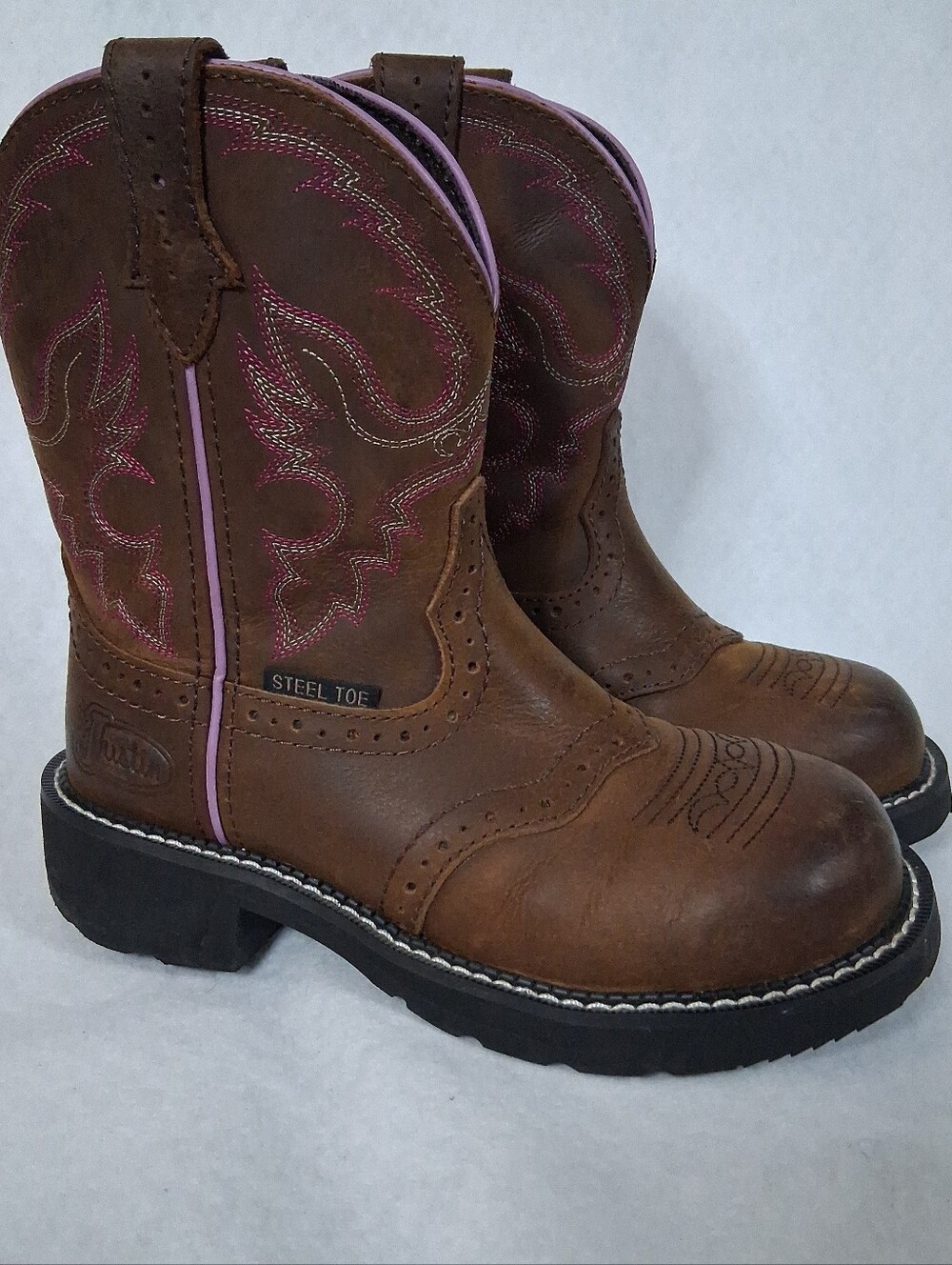Justin Gypsy GY9980 Women’s 6B Steel Toe Western Work Boots Brown Pink Leather
